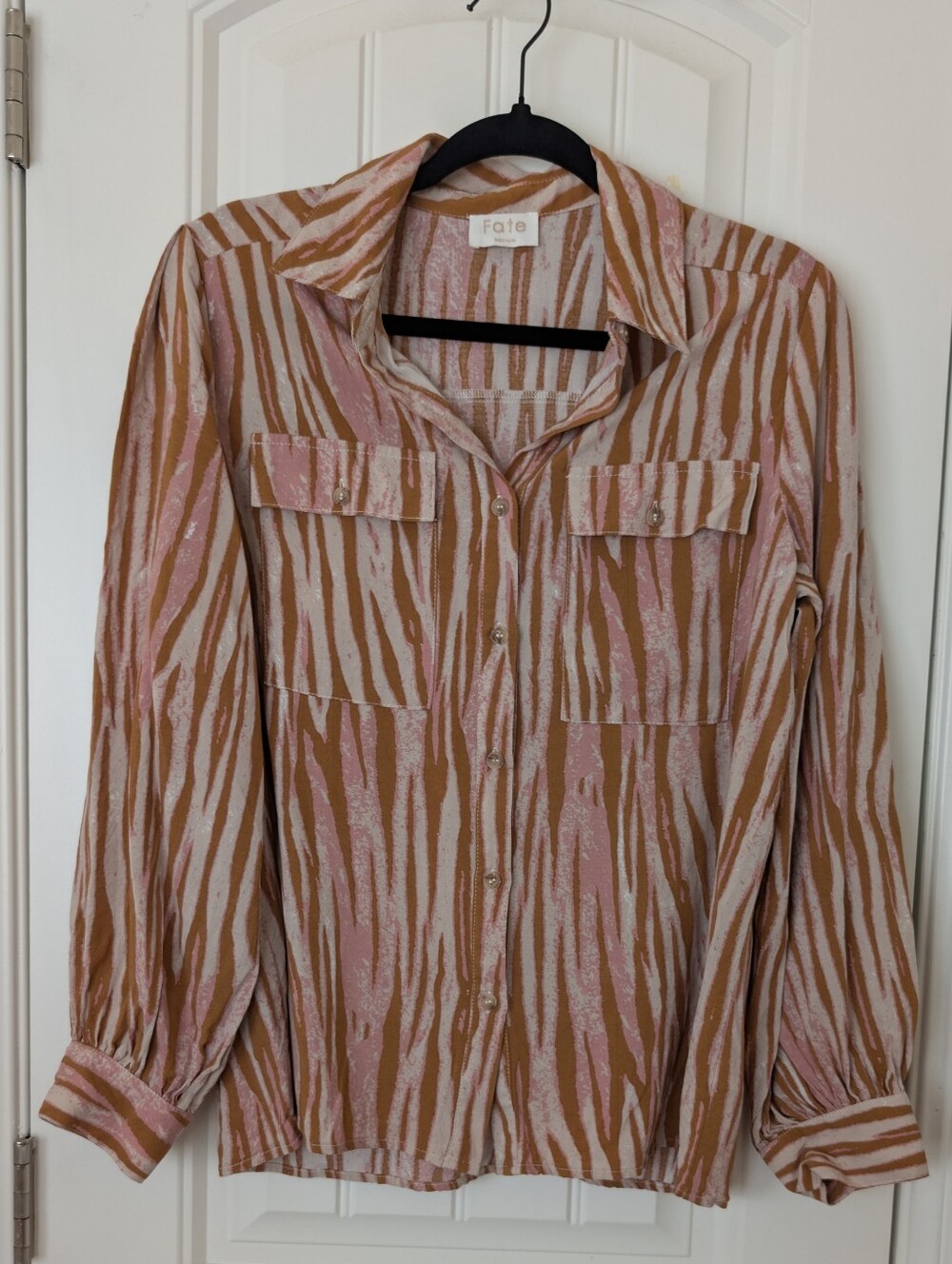 Fate The Label Pink and Tan Zebra-Stripe Button-Down Shirt M